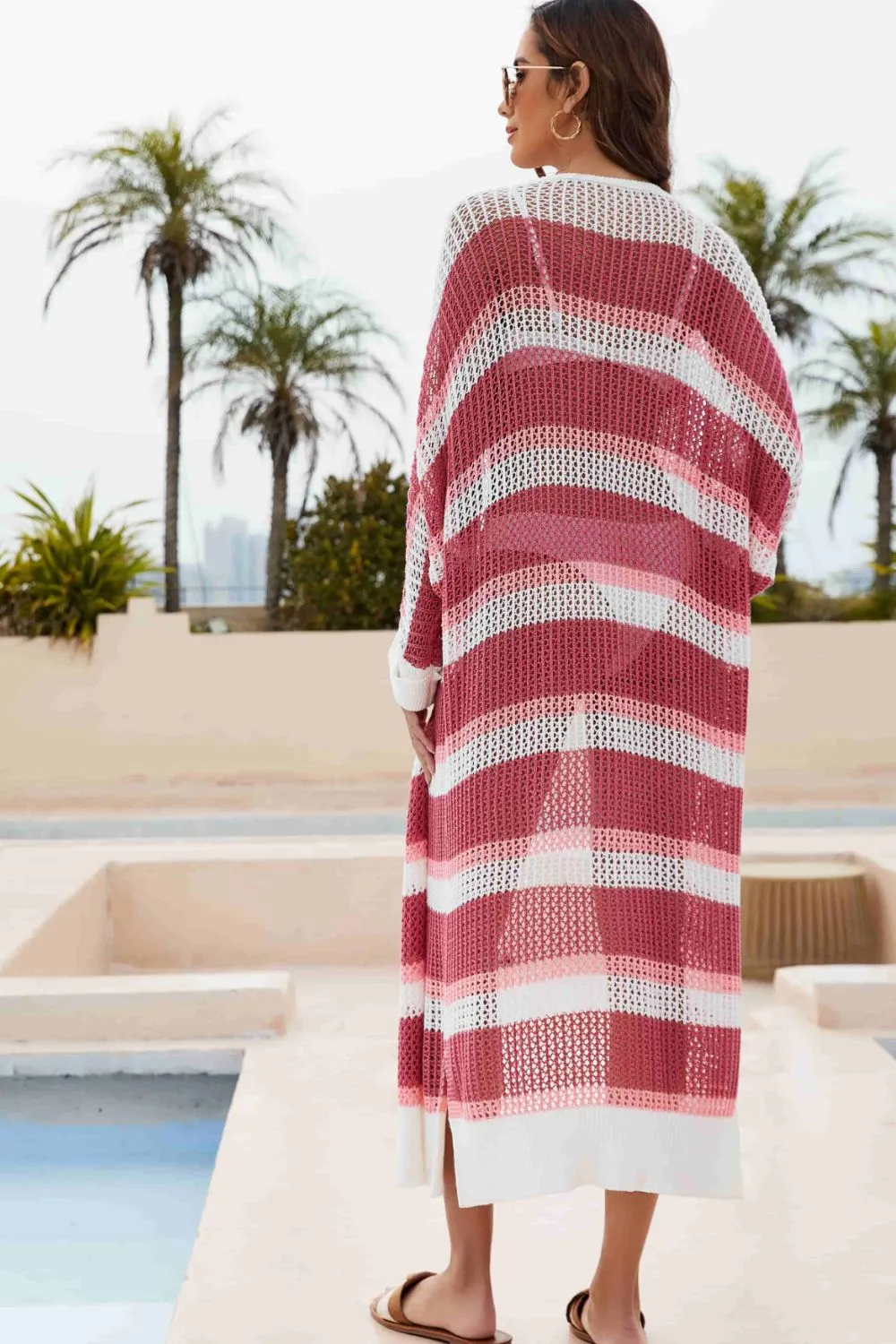 Striped Open Front Side Slit Duster Cover Up, image 13