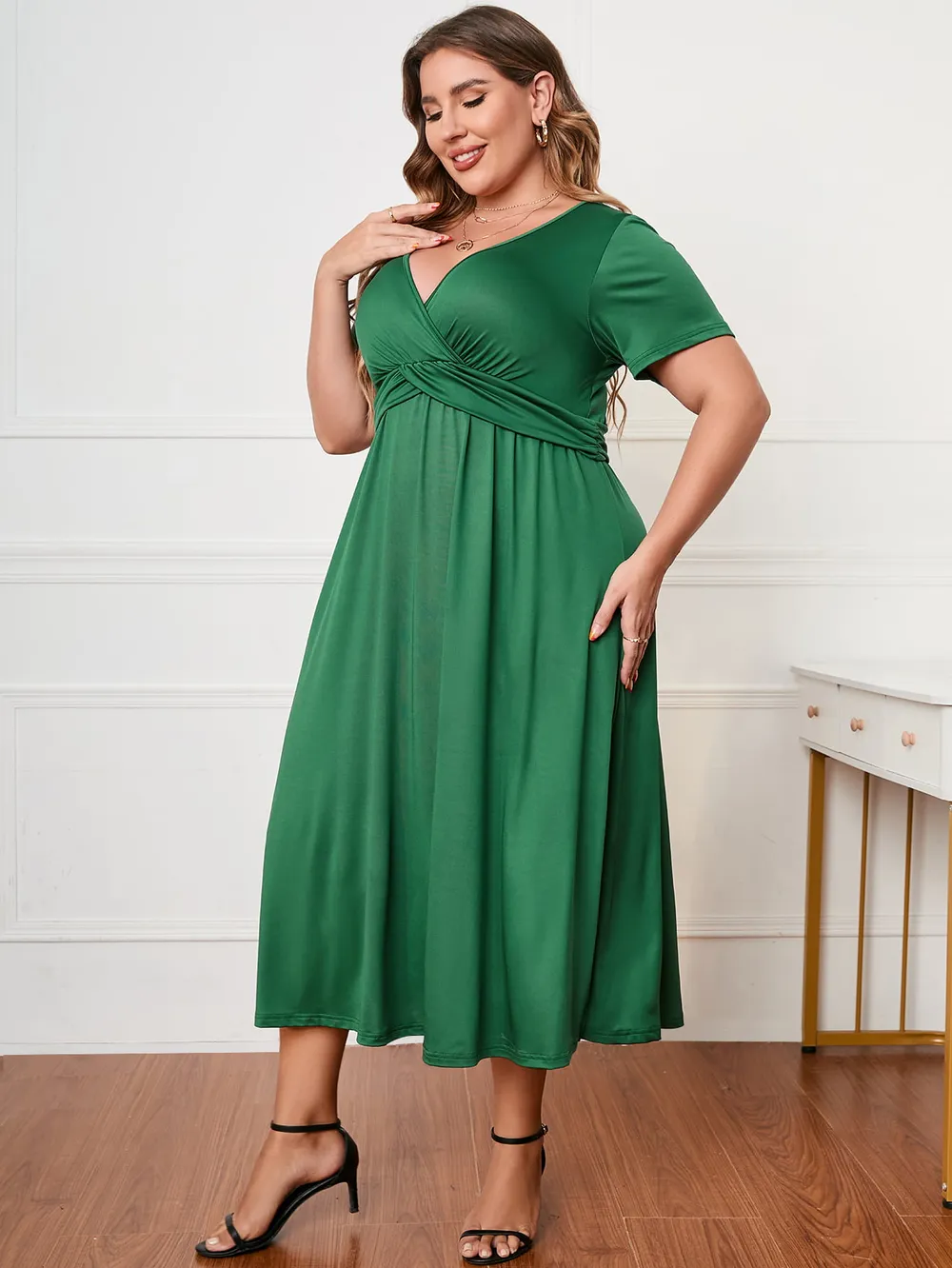 Plus Size Short Sleeve Surplice Neck Midi Dress, image 2