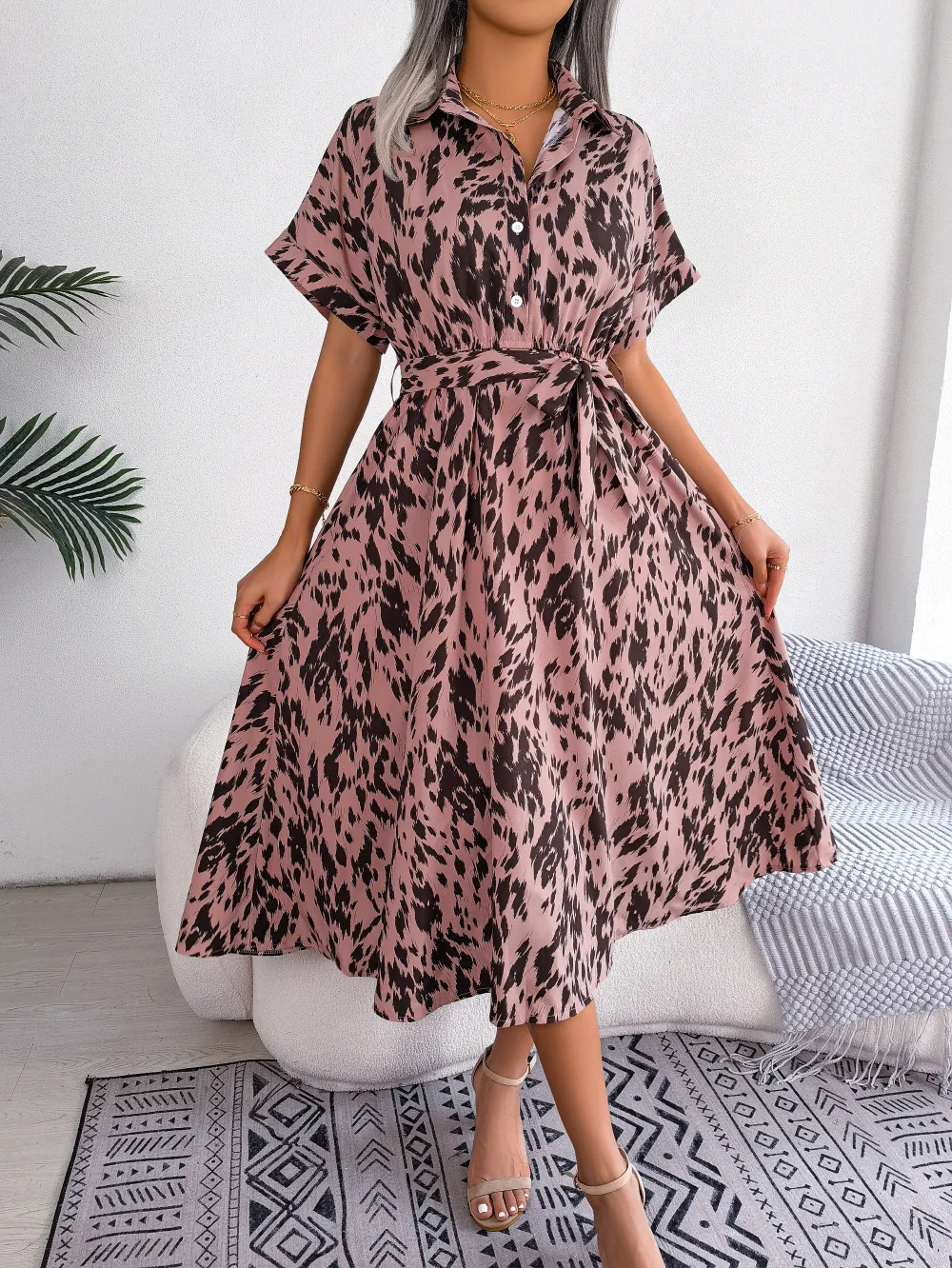 Printed Collared Neck Short Sleeve Tie Waist Dress, image 3