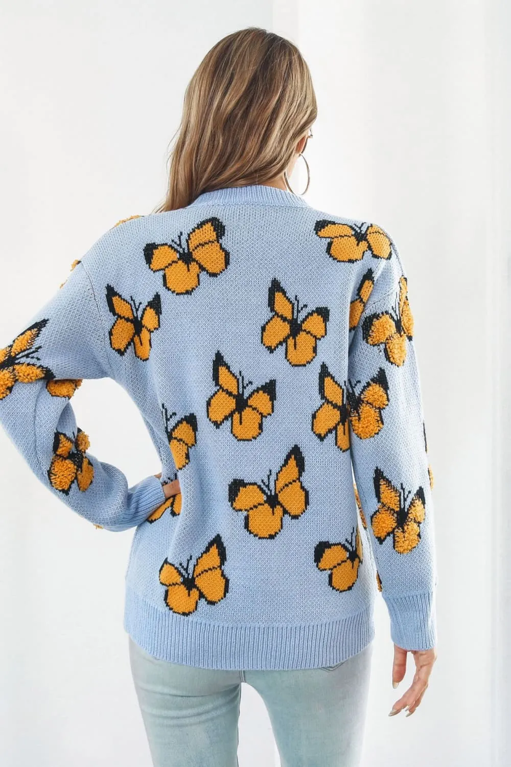 Butterfly Pattern Round Neck Dropped Shoulder Sweater, image 2