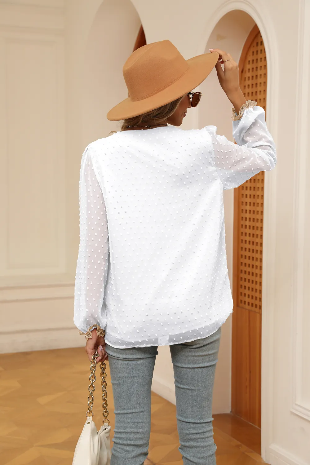 Swiss Dot Contrast V-Neck Blouse, image 9