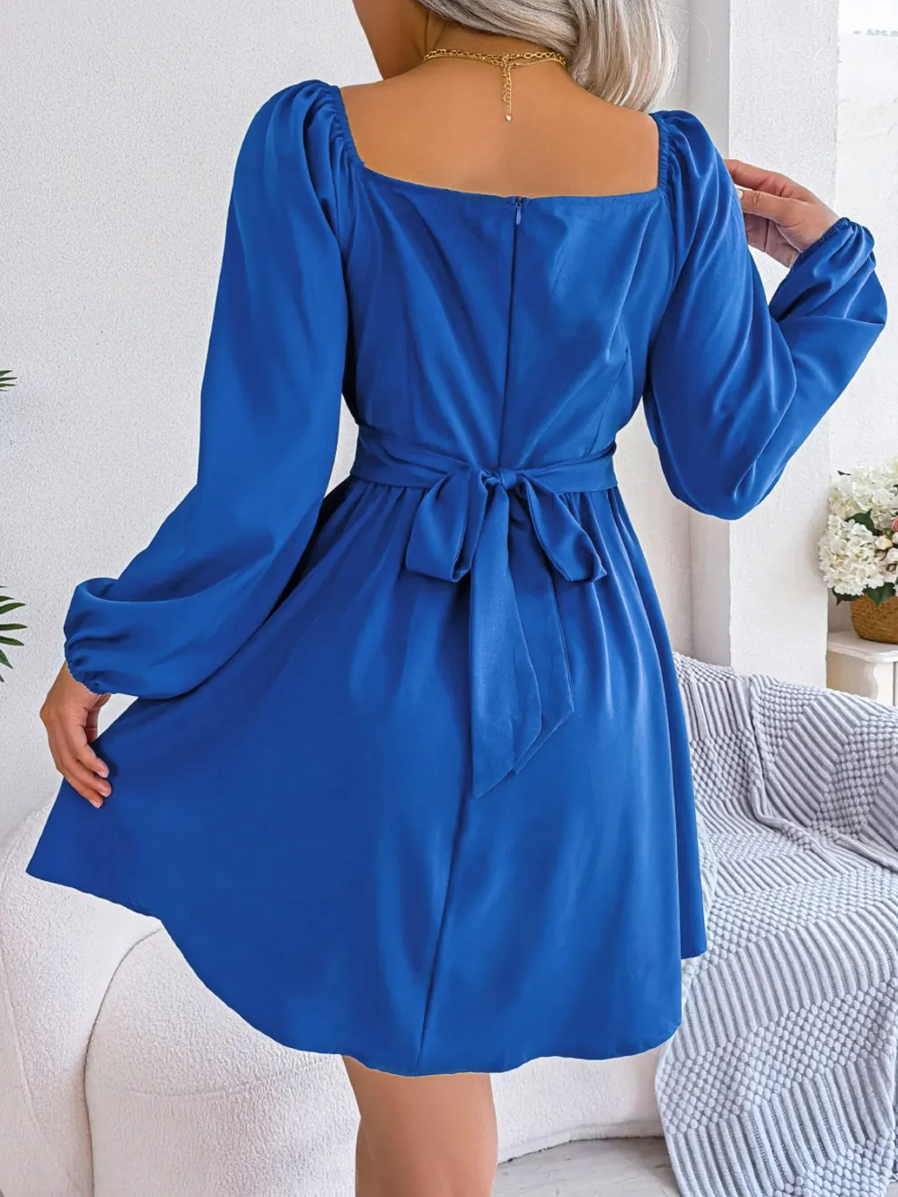 Tied Square Neck Balloon Sleeve Dress, image 9