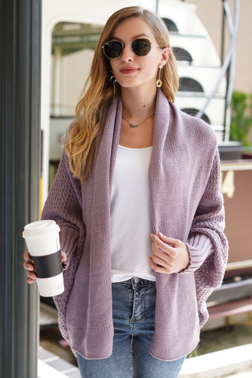 Dolman Sleeve Open Front Ribbed Trim Longline Cardigan, image 3