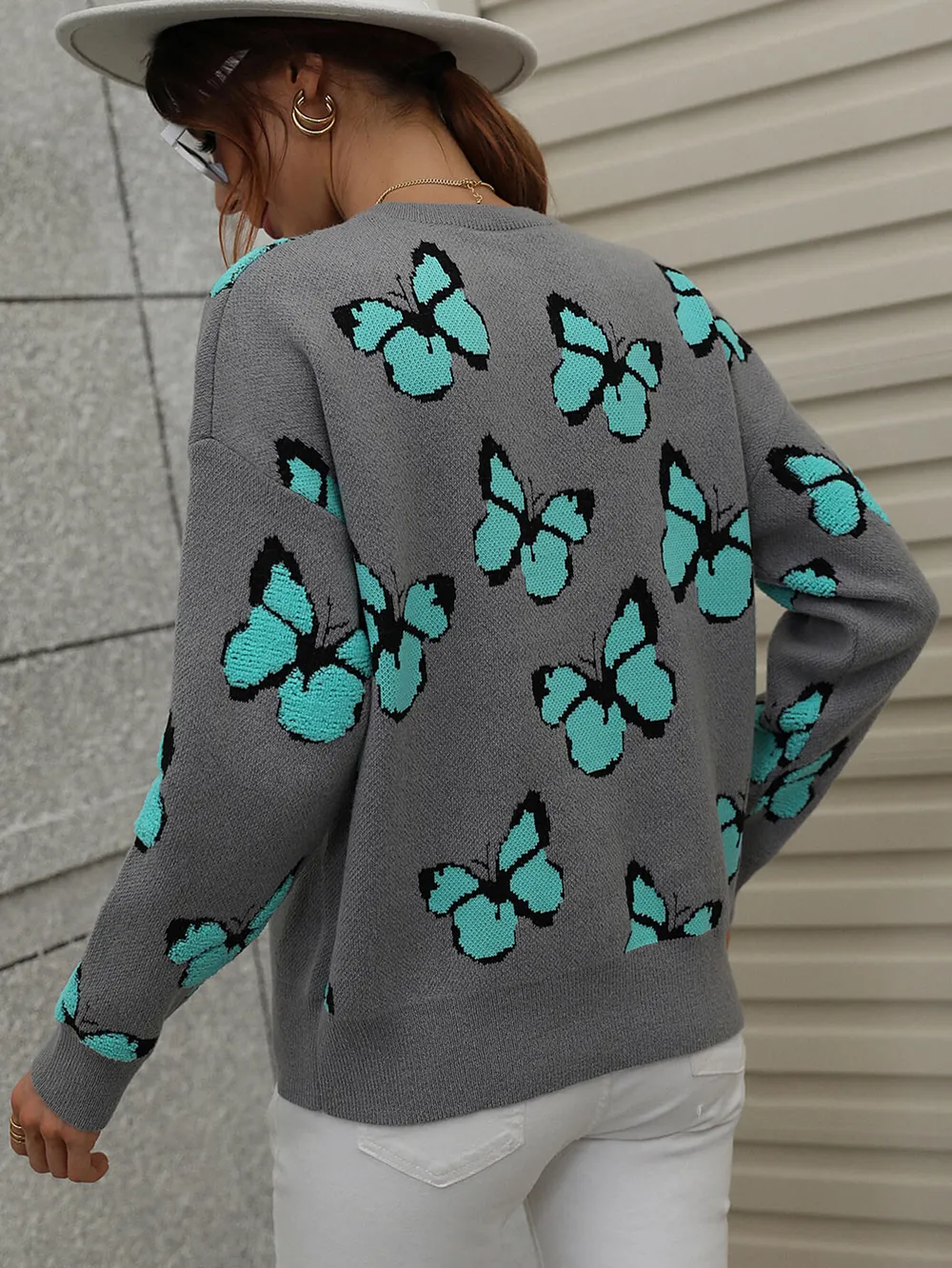 Butterfly Dropped Shoulder Crewneck Sweater, image 3