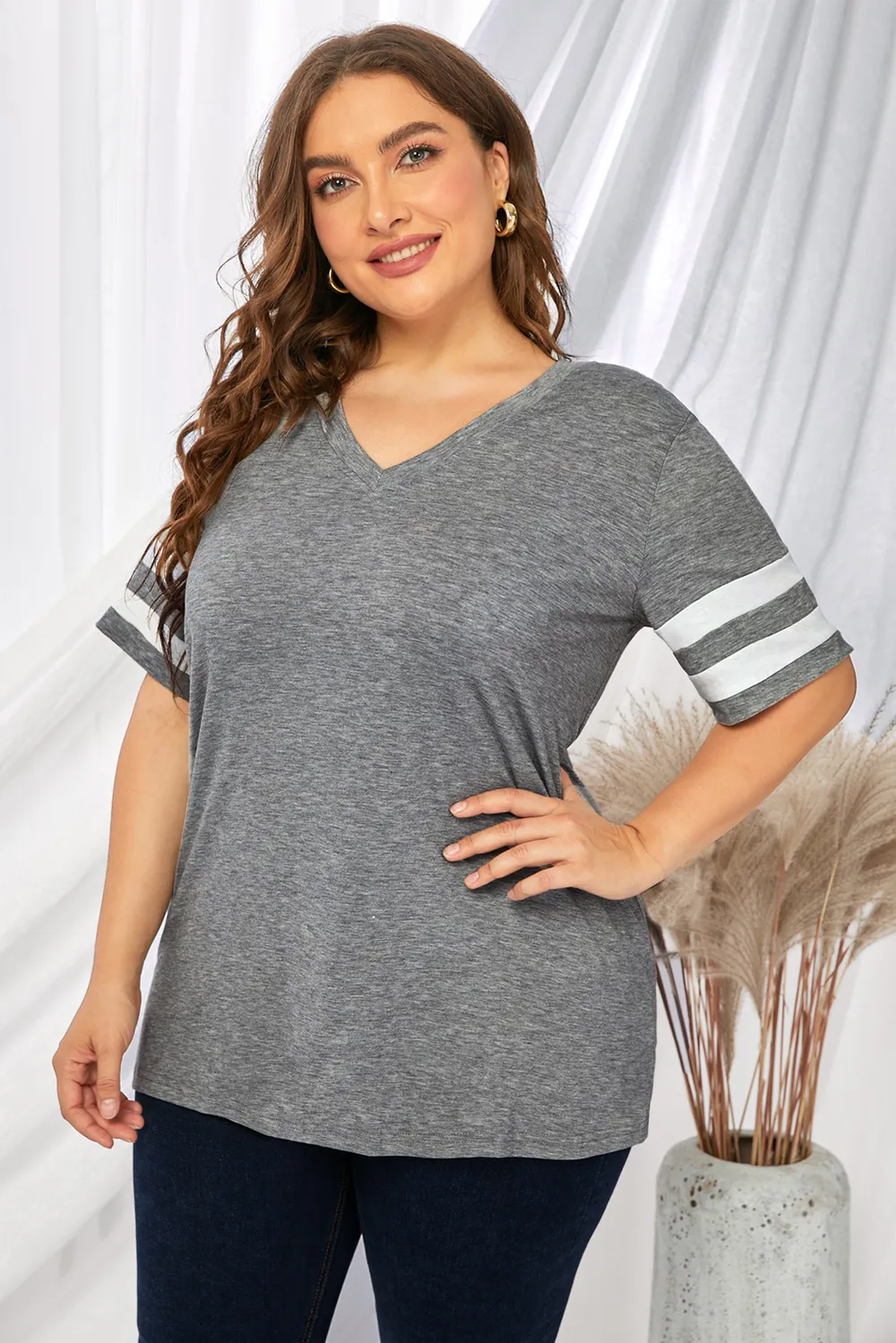 Plus Size Striped V-Neck Tee Shirt, image 8
