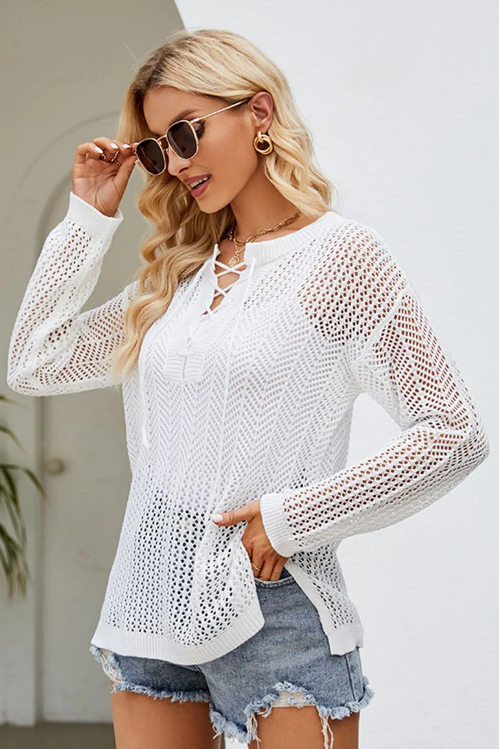 Lace-Up Slit Knit Top, image 4