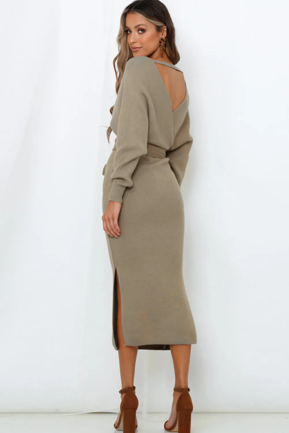 Surplice Neck Bow Waist Slit Sweater Dress, image 15