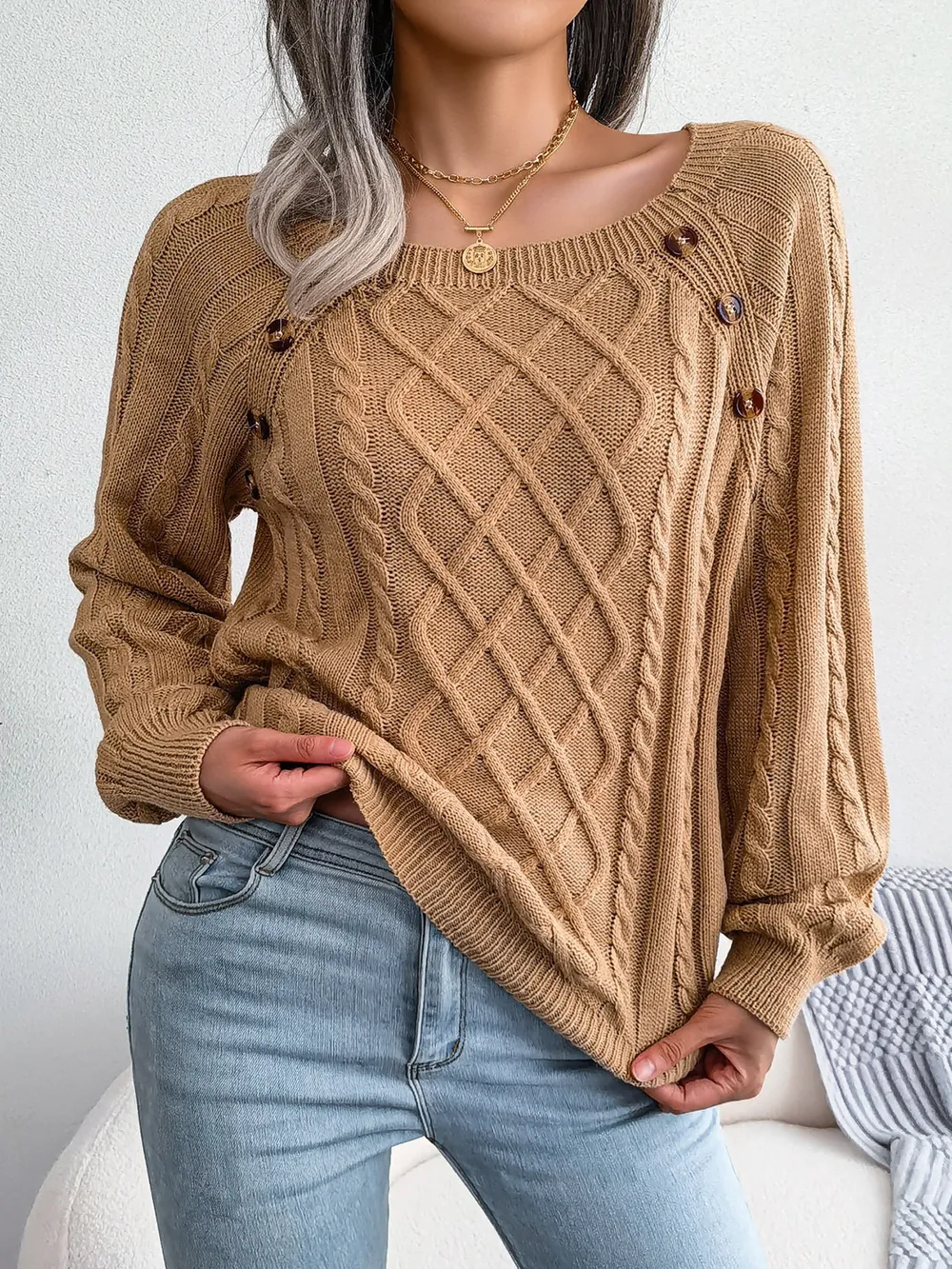 Decorative Button Cable-Knit Sweater, image 2