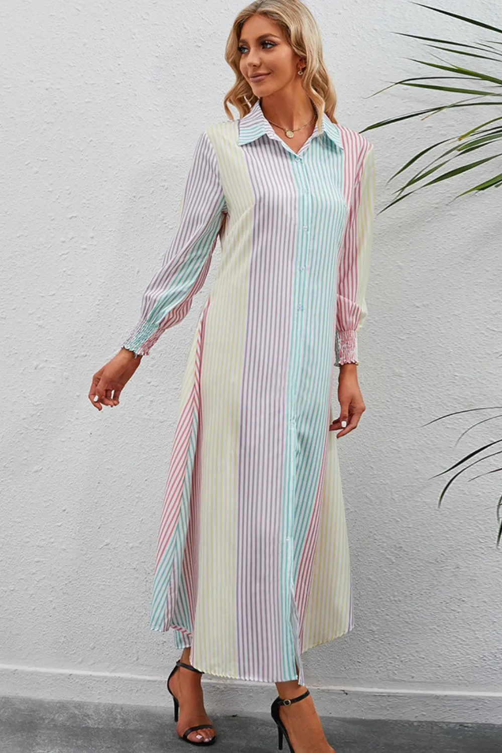 Rainbow Stripe Button-Up Maxi Shirt Dress, image 2