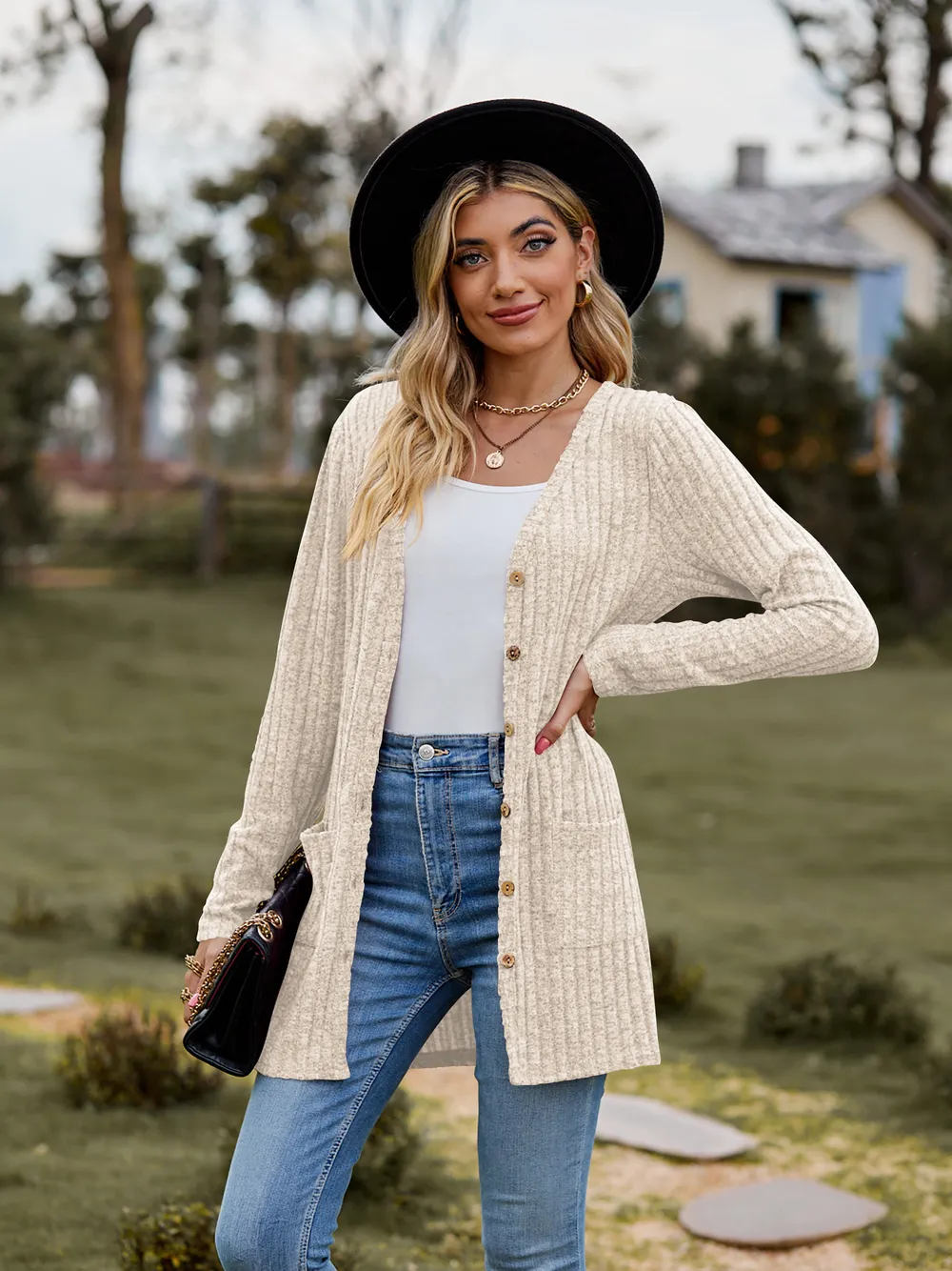 Ribbed Button-Up Cardigan with Pockets, image 6