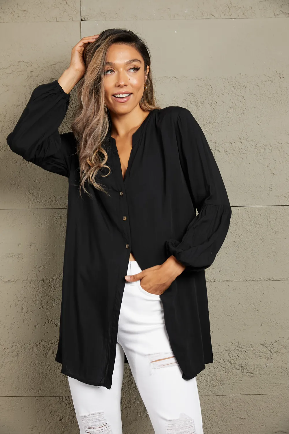 Notched Neck Balloon Sleeve Shirt, image 3
