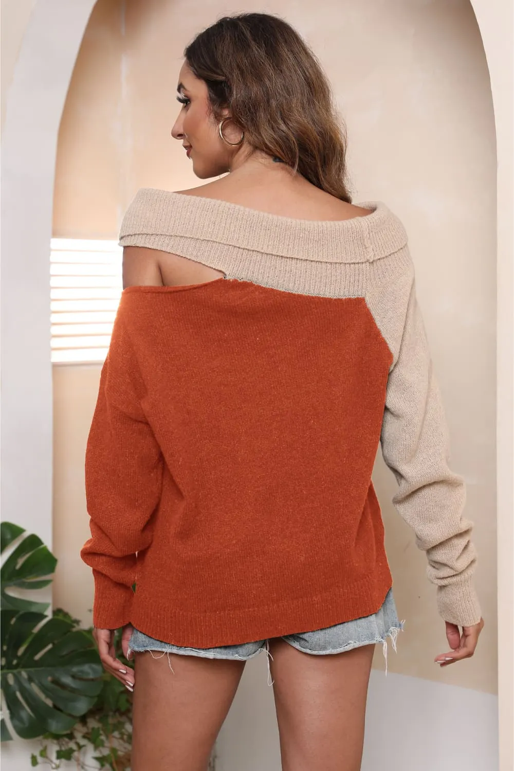 Asymmetrical Long Sleeve Two-Tone Cutout Sweater, image 9