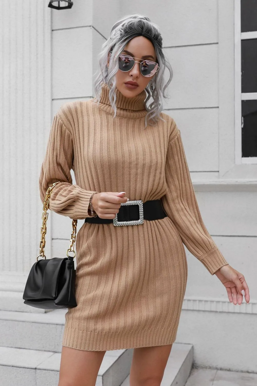 Ribbed Turtle Neck Long Sleeve Mini Sweater Dress, image 7