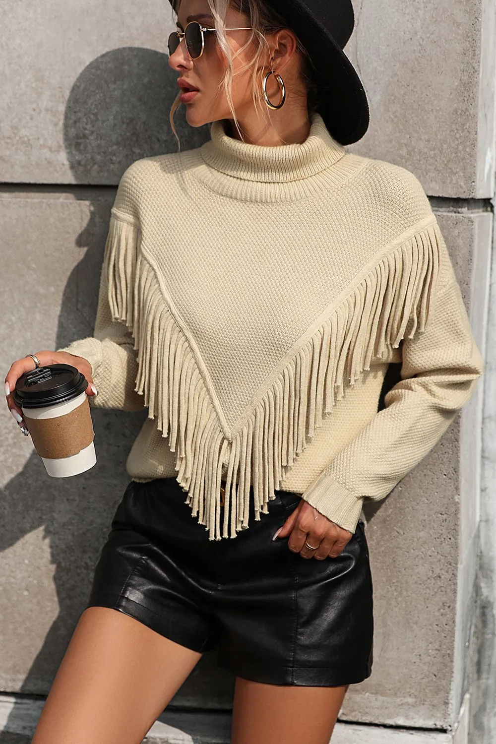 Turtle Neck Tassel Front Long Sleeve Pullover Sweater, image 21