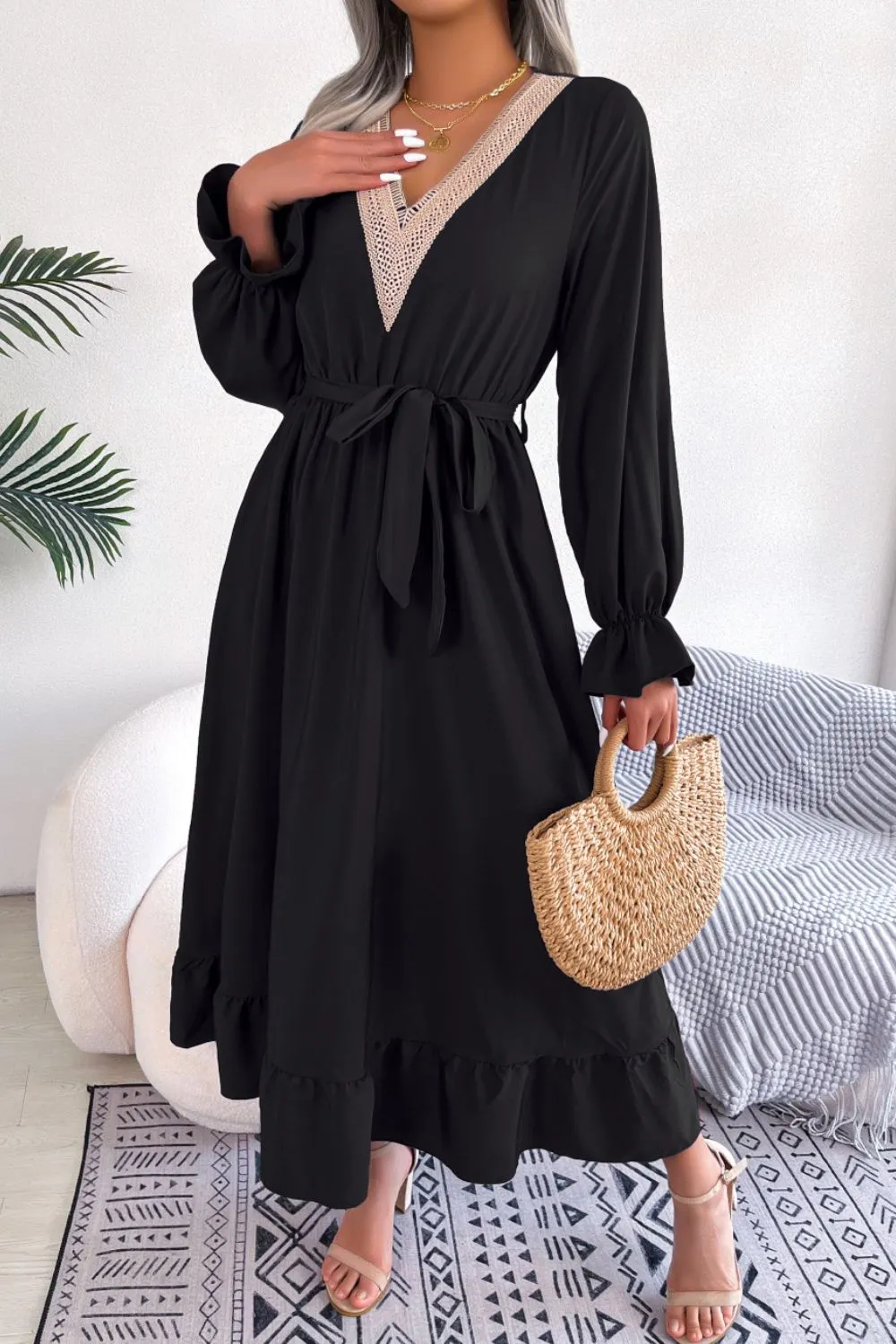 Contrast Belted Flounce Sleeve Dress, image 8