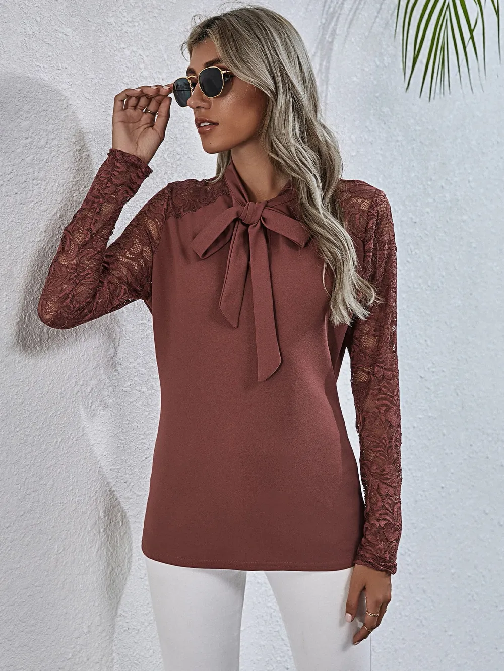 Tie Neck Spliced Lace Long Sleeve Top, image 2