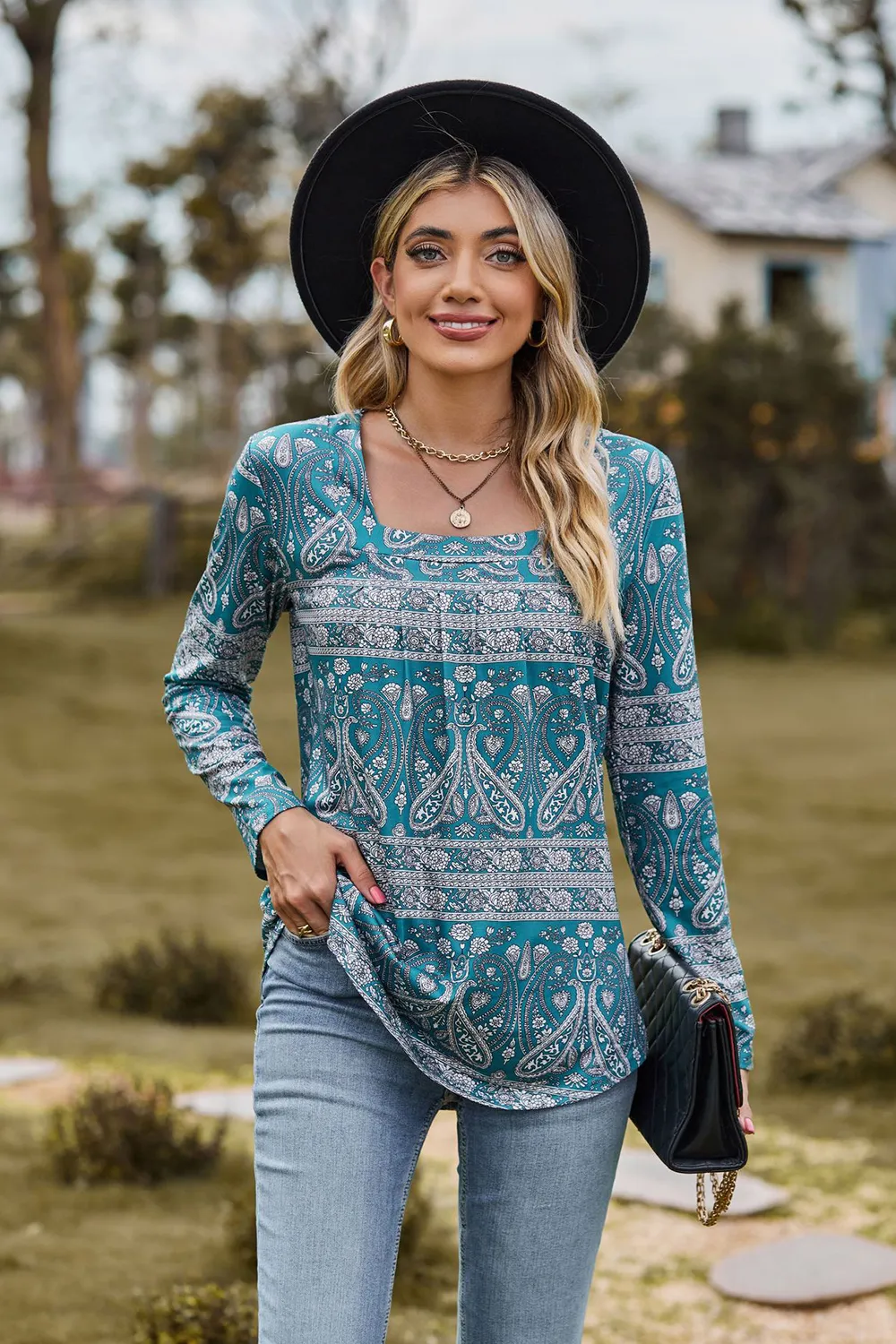 Printed Square Neck Long Sleeve Blouse, image 2