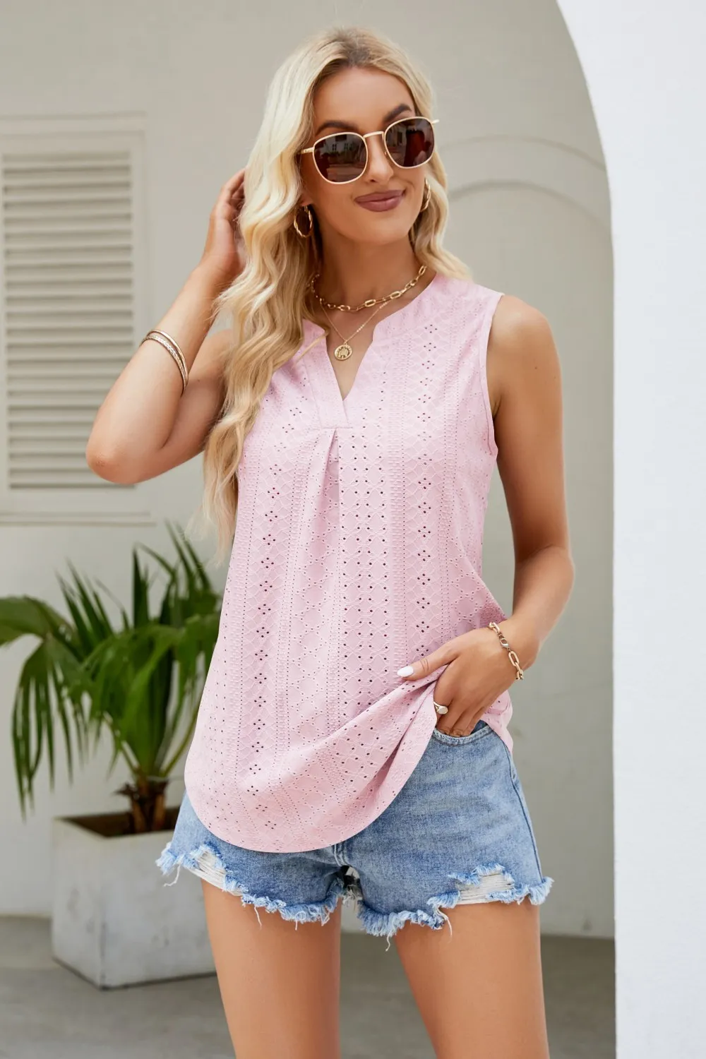 Notched Neck Curved Hem Eyelet Tank, image 19