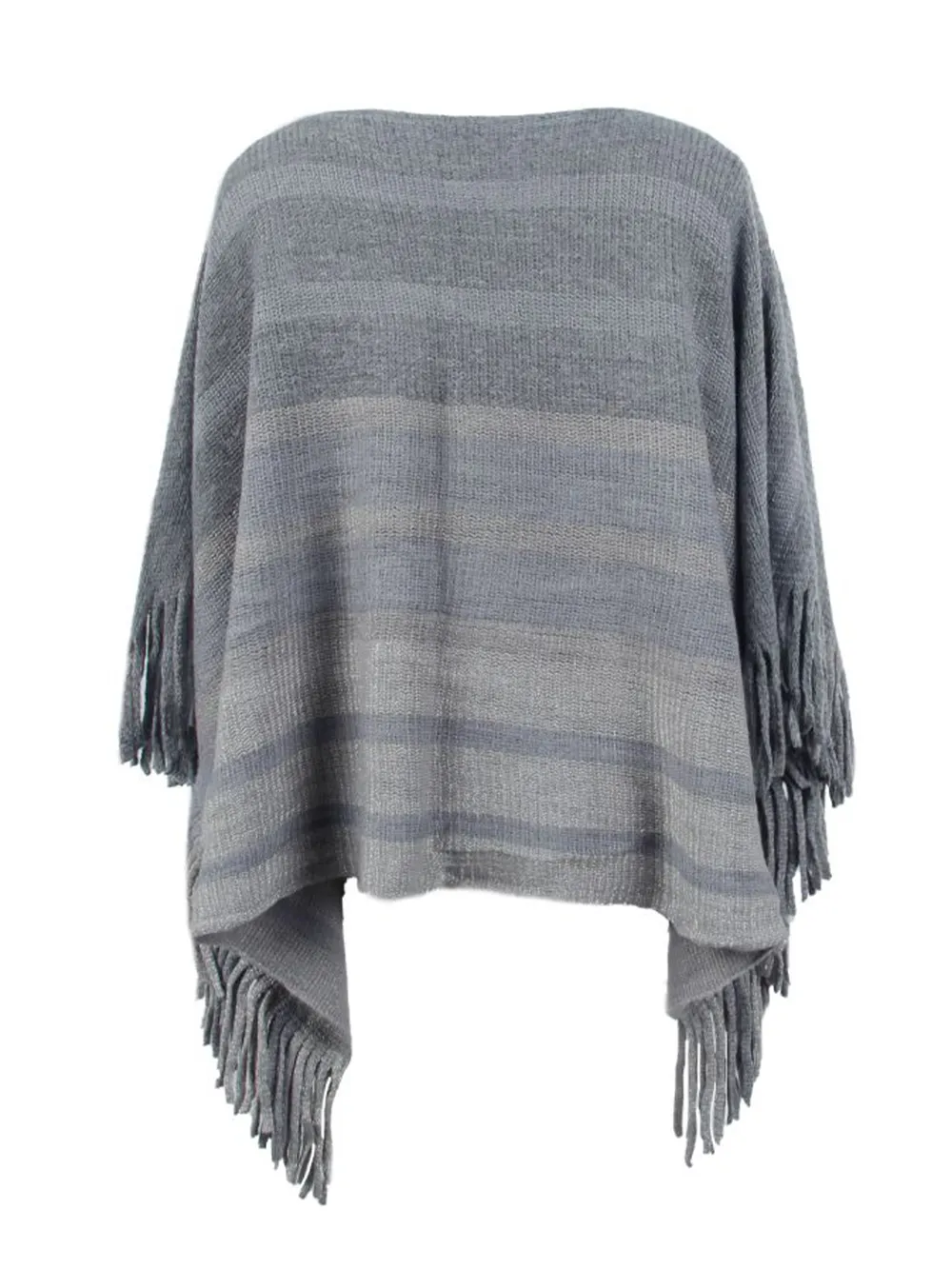 Striped Boat Neck Poncho with Fringes, image 8