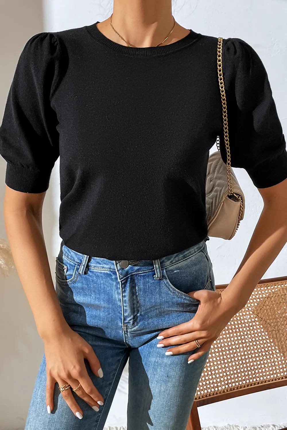 Round Neck Puff Sleeve Knit Top, image 8