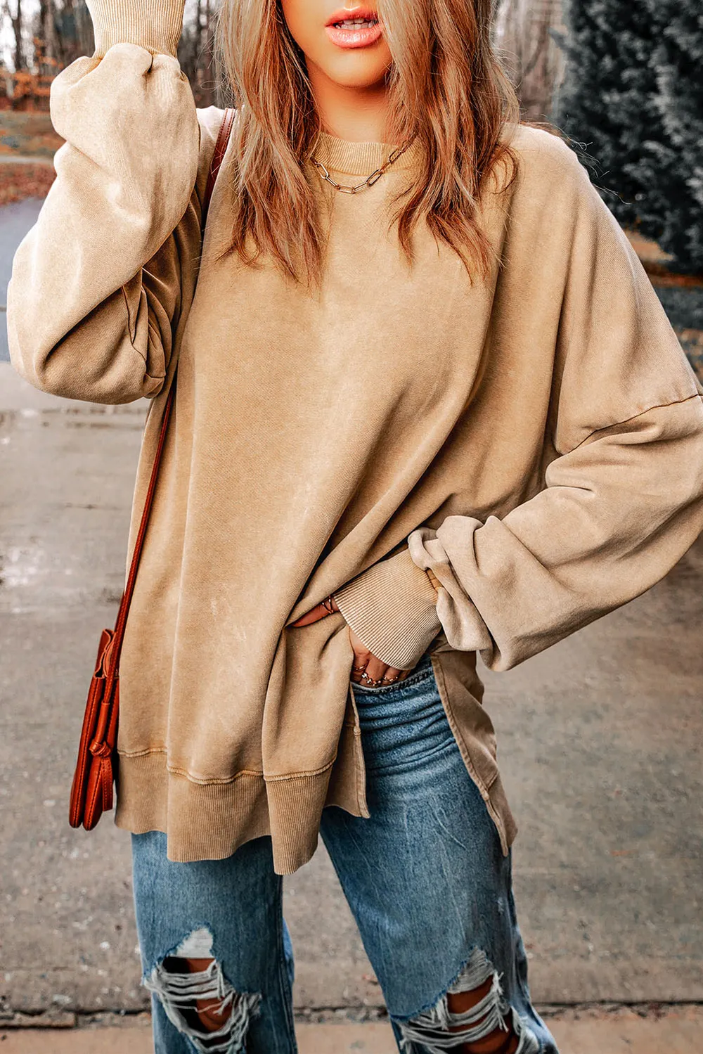 Dropped Shoulder Round Neck Long Sleeve Blouse, image 3