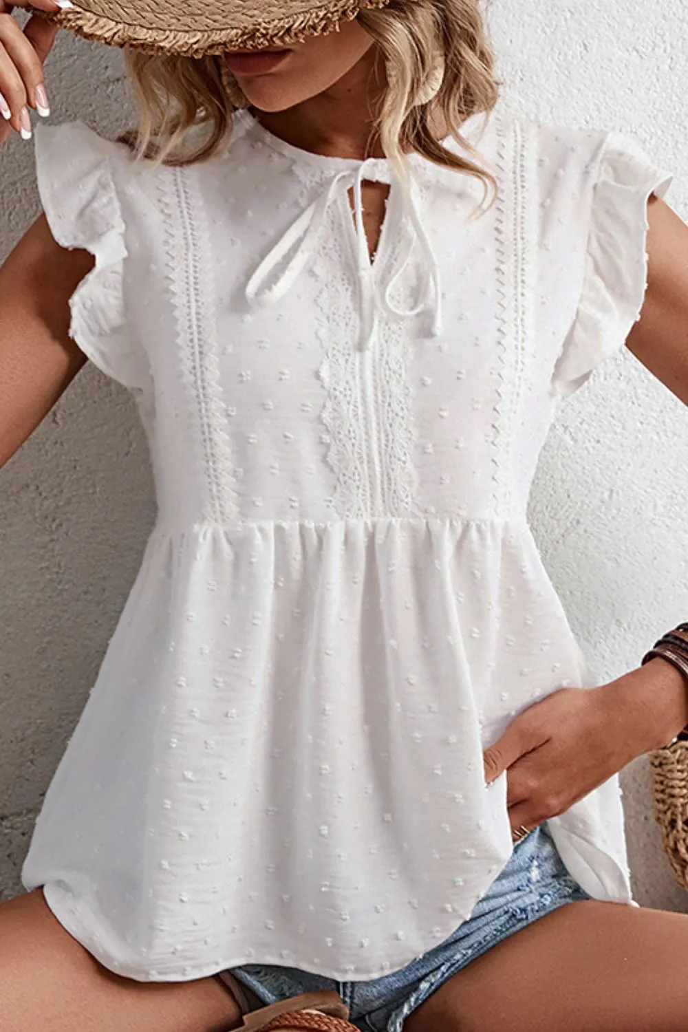 Swiss Dot Tie-Neck Flutter Sleeve Peplum Blouse, image 2