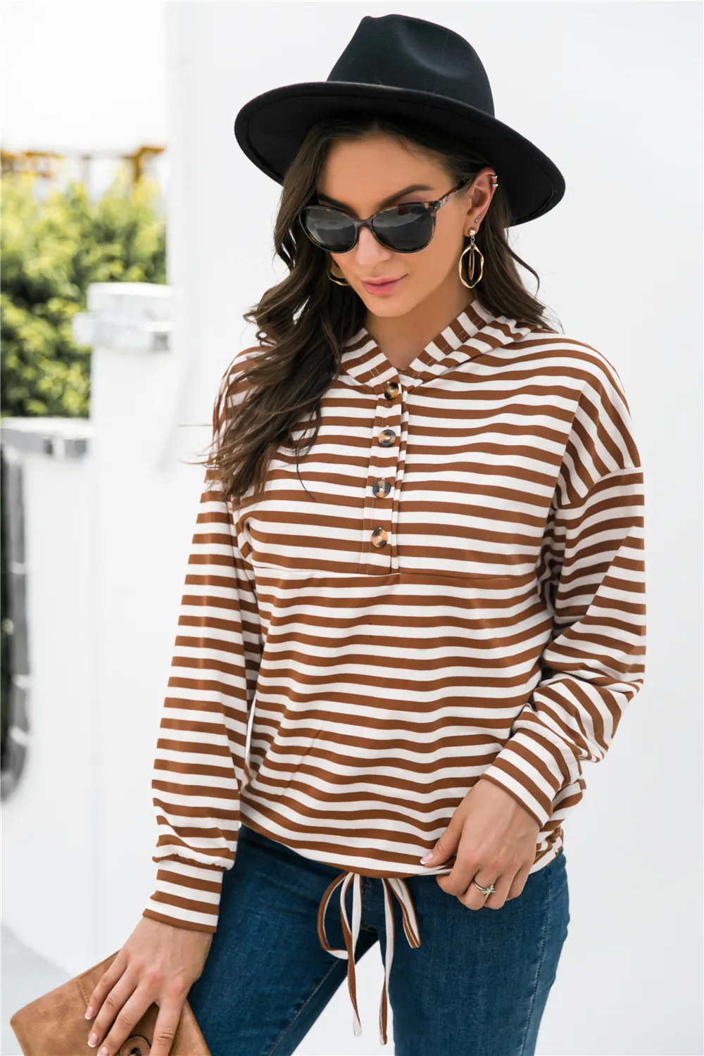 Striped Half-Button Dropped Shoulder Hoodie, image 4