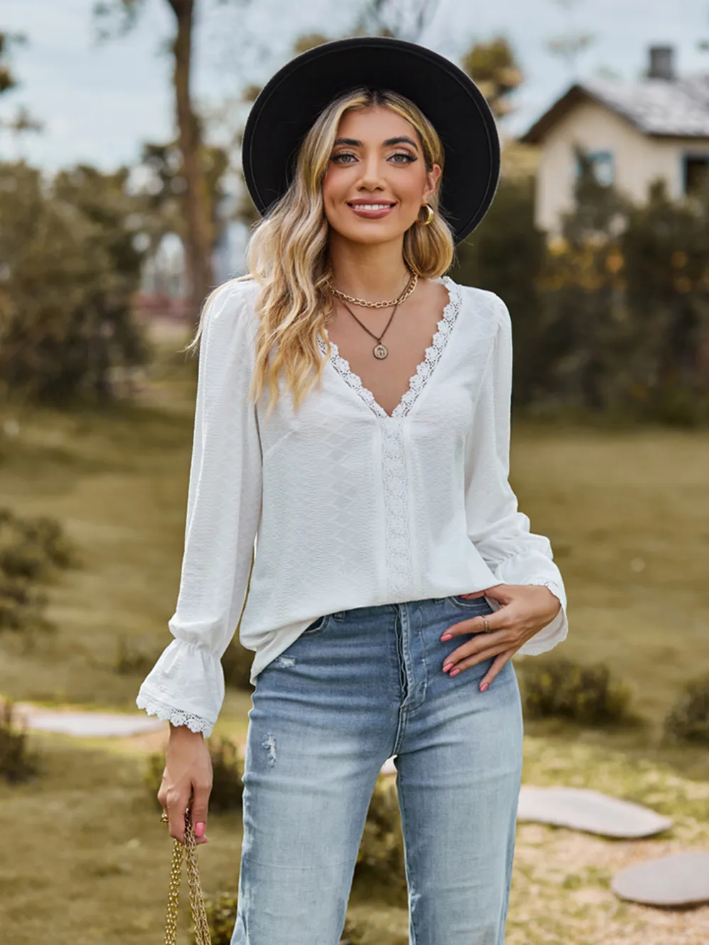 V-Neck Flounce Sleeve Blouse, image 4