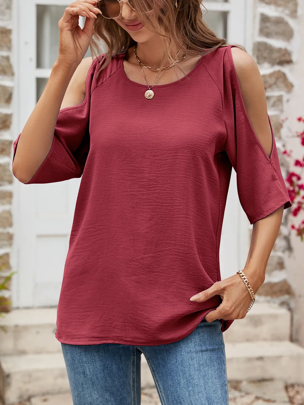Textured Round Neck Split Sleeve Top, image 7