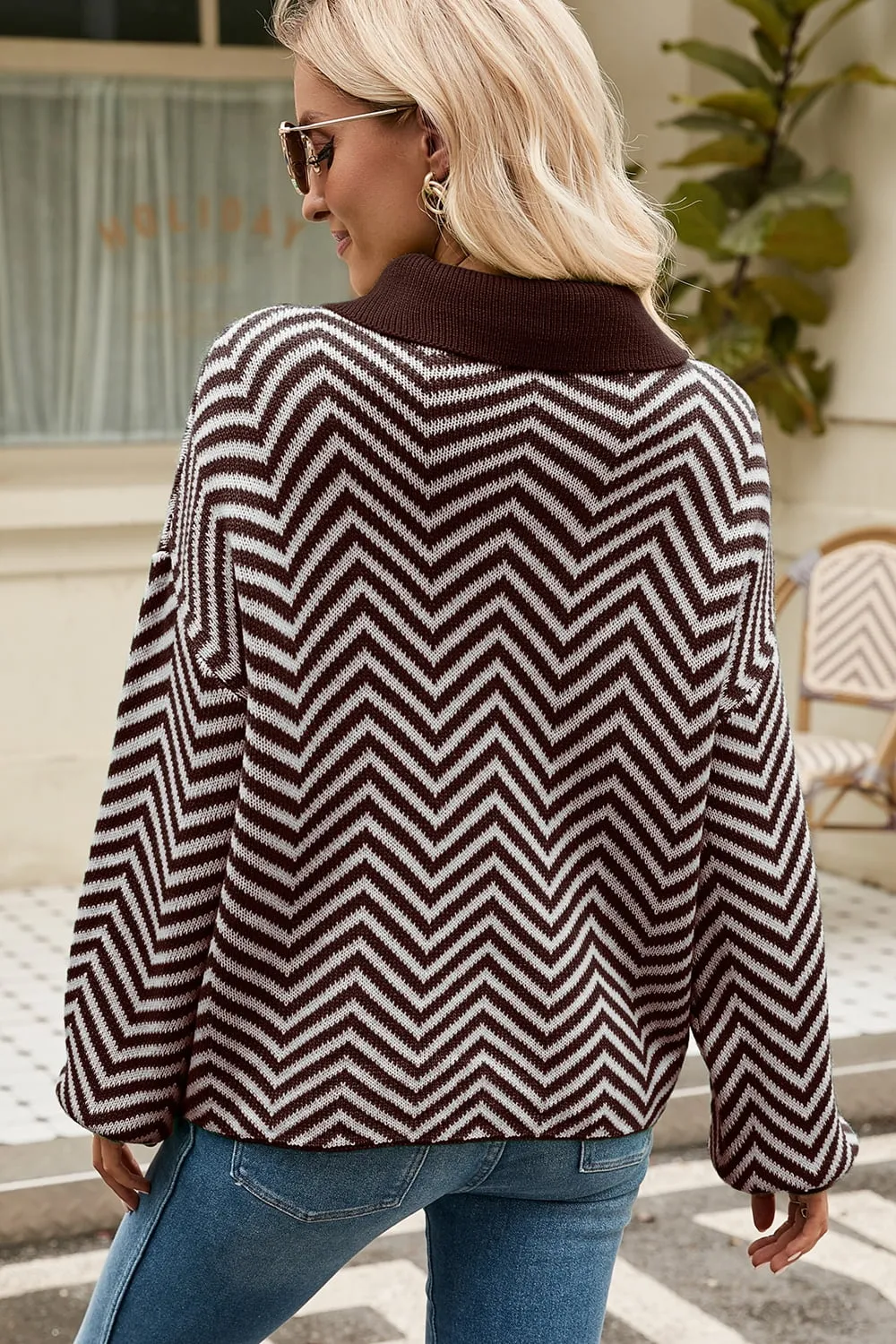 Striped Collared Neck Buttoned Pullover Sweater, image 11