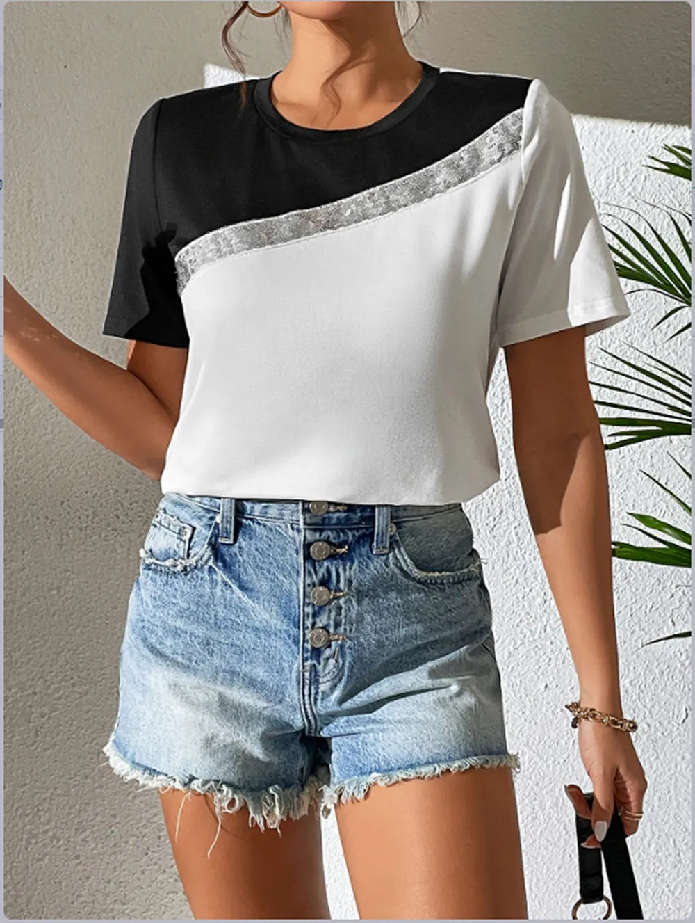 Contrast Color Round Neck Short Sleeve Tee, image 3