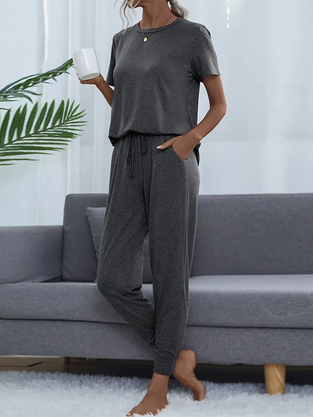 Round Neck Short Sleeve Top and Pants Set, image 3