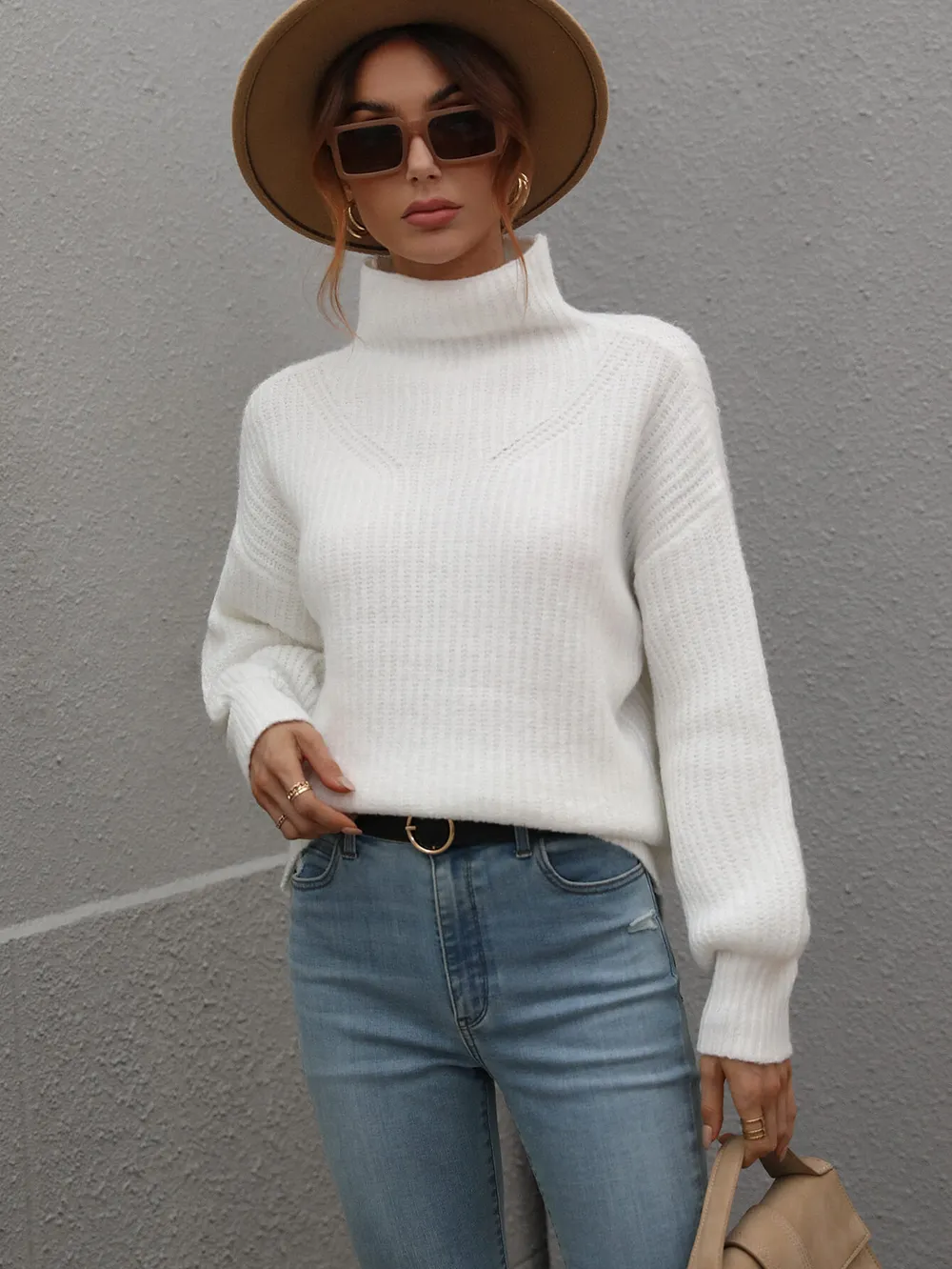 High Neck Balloon Sleeve Rib-Knit Pullover Sweater, image 4