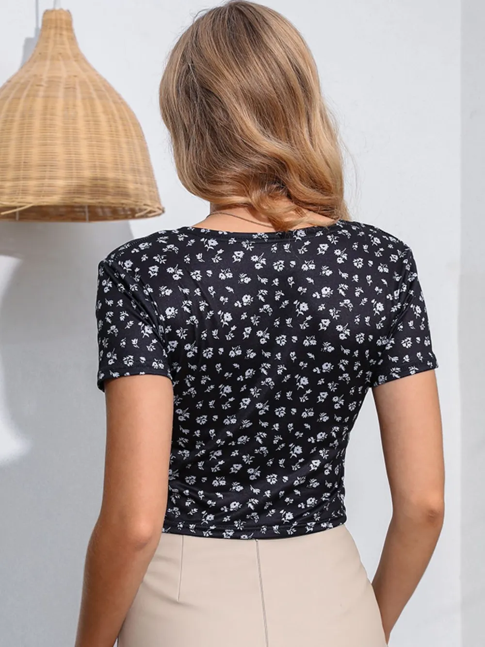 Floral Surplice Neck Short Sleeve Top, image 3
