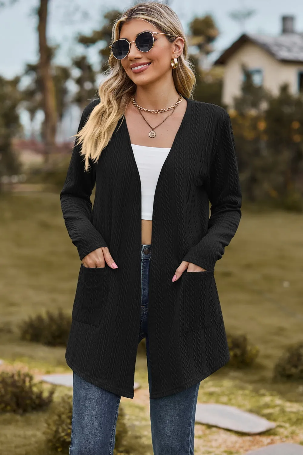 Cable-Knit Long Sleeve Cardigan with Pocket, image 13