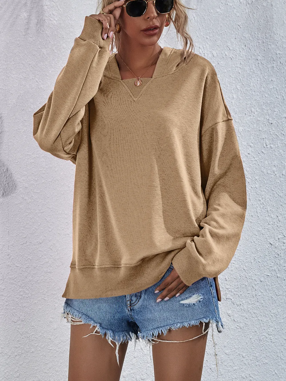 Dropped Shoulder Slit Hoodie, image 19