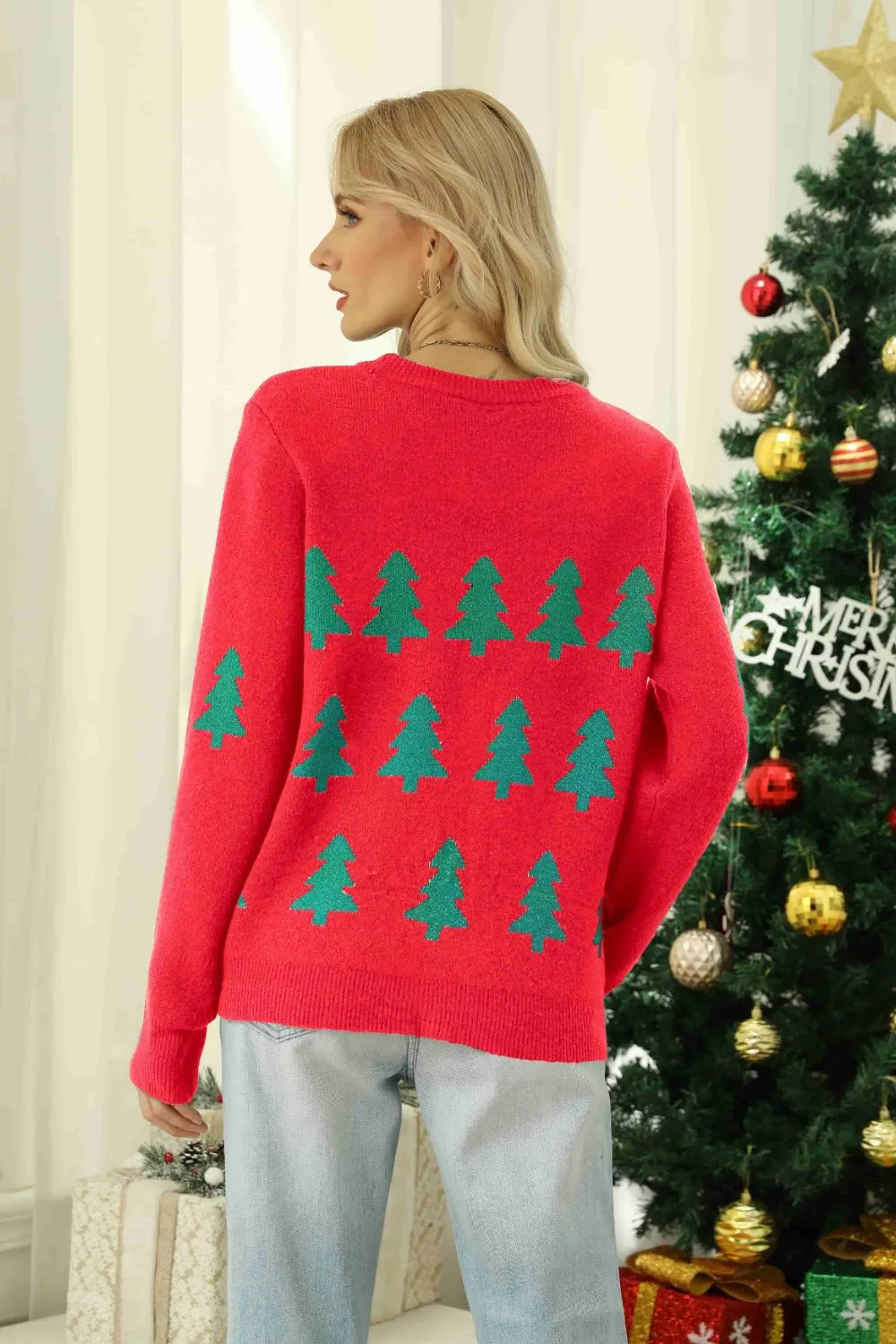 Christmas Tree Round Neck Ribbed Trim Sweater, image 5
