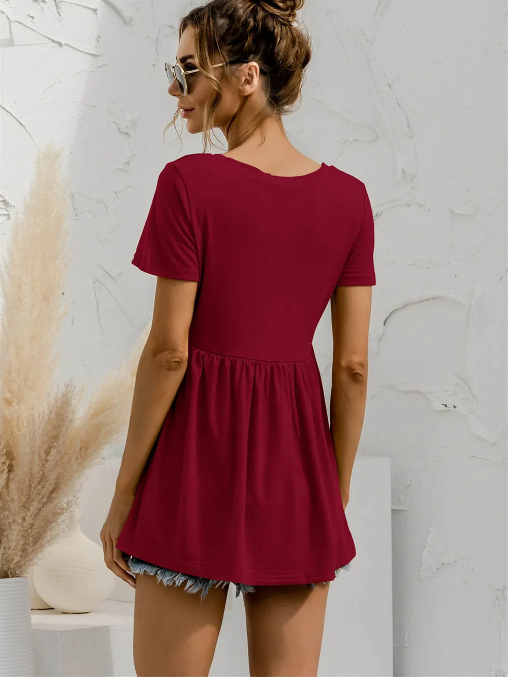 V-Neck Short Sleeve Babydoll Top, image 3