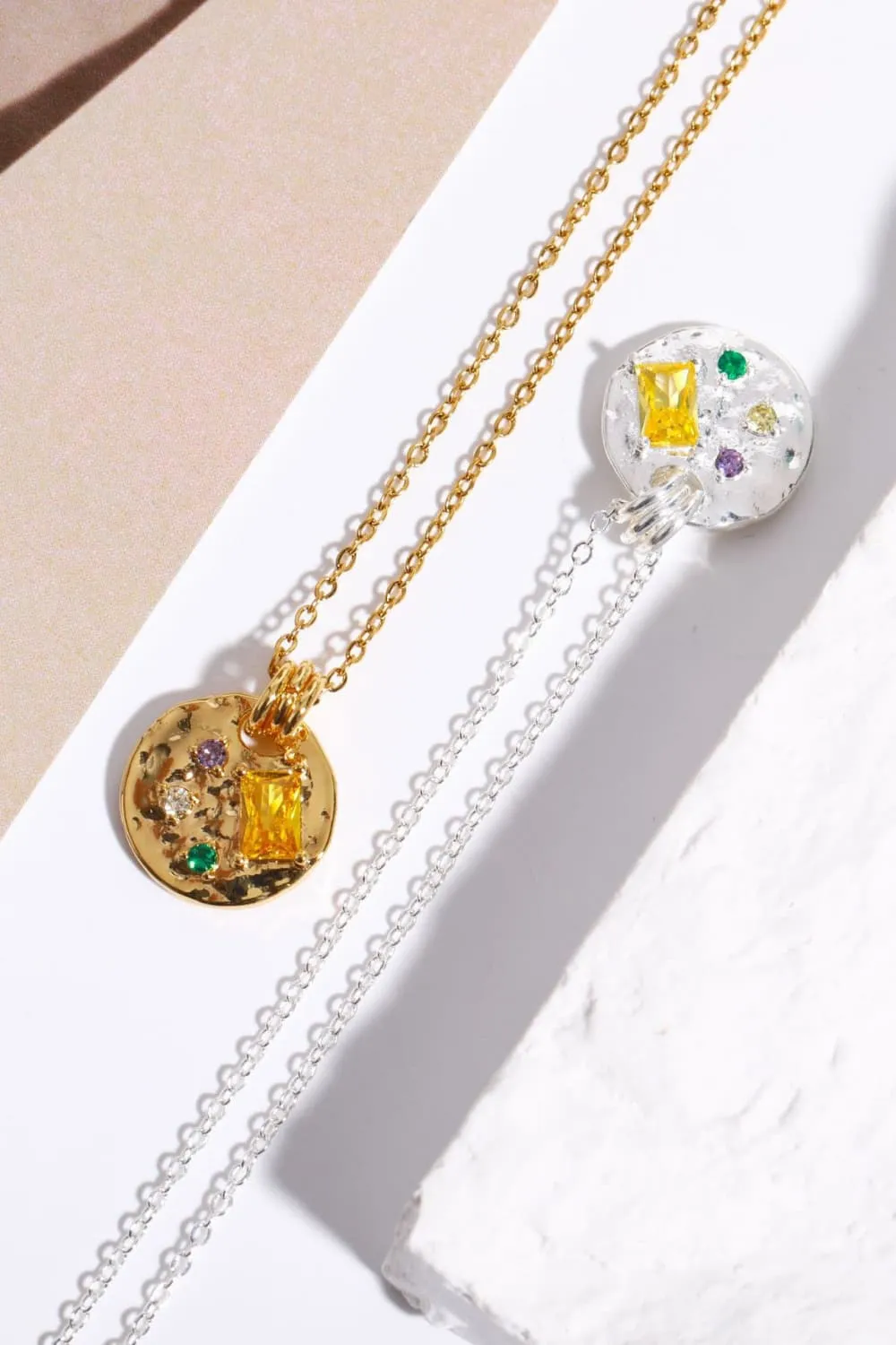 Inlaid Multicolored Zircon Round Pendant Copper Necklace, image 8