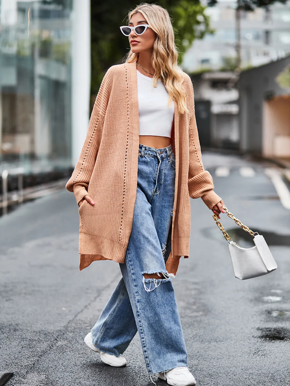 Long Sleeve Waffle-Knit Cardigan, image 11
