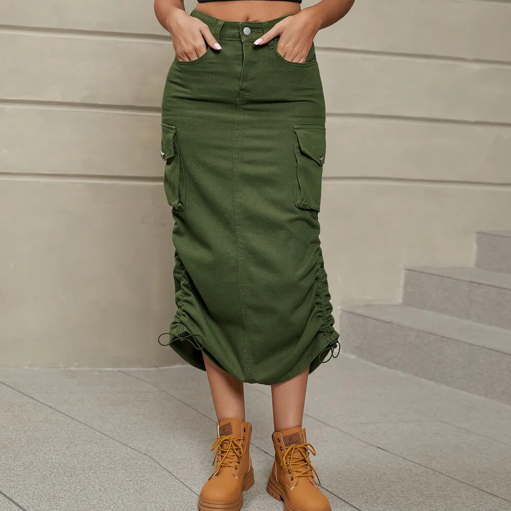 Drawstring Ruched Slit Denim Midi Skirt, image 9