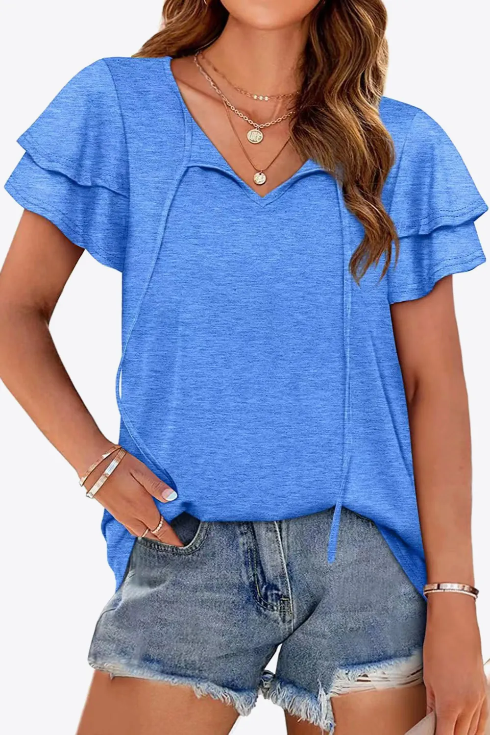Tie-Neck Layered Flutter Sleeve Blouse, image 7