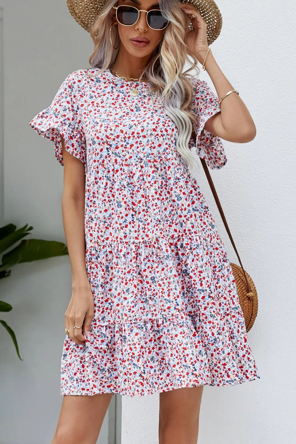 Ditsy Floral Flounce Sleeve Tiered Dress, image 5