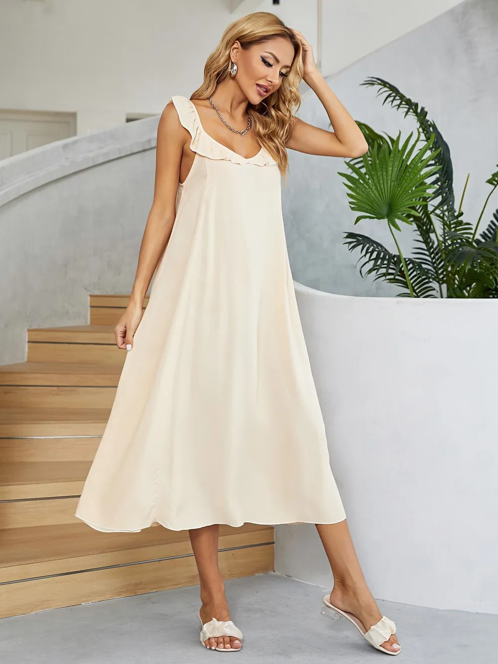 Ruffled V-Neck Midi Dress, image 3