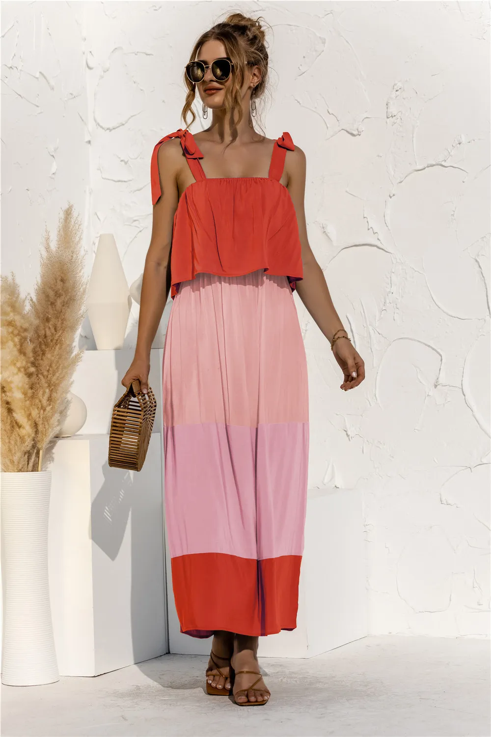 Color Block Tie Shoulder Tiered Sleeveless Dress, image 2