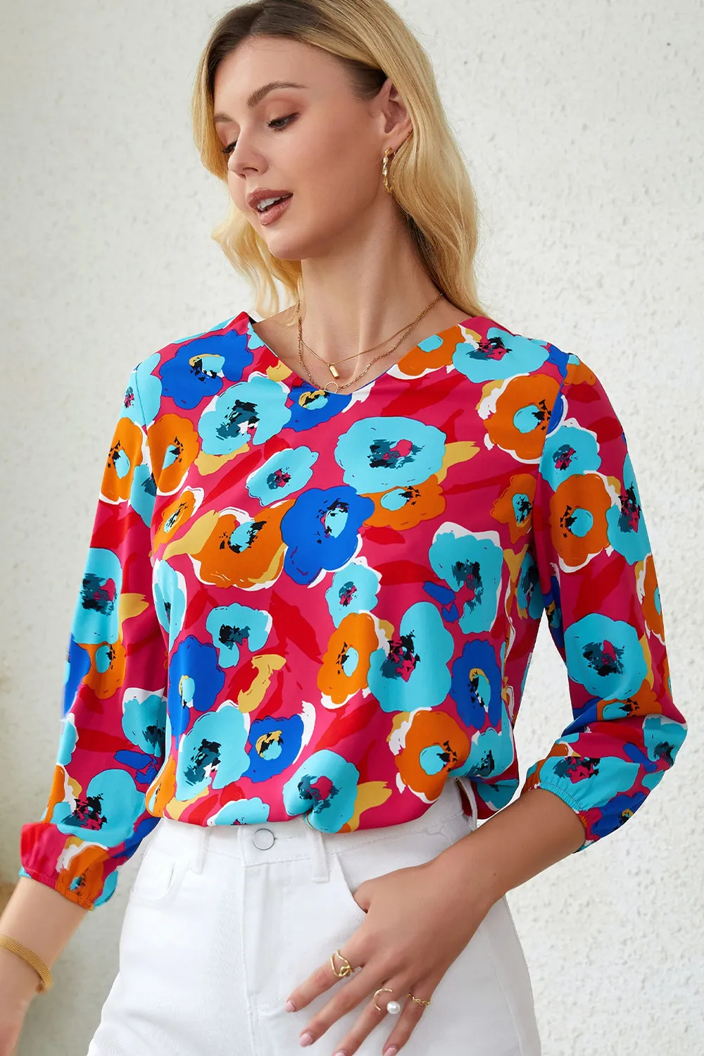 Floral V-Neck Three-Quarter Sleeve Top, image 3
