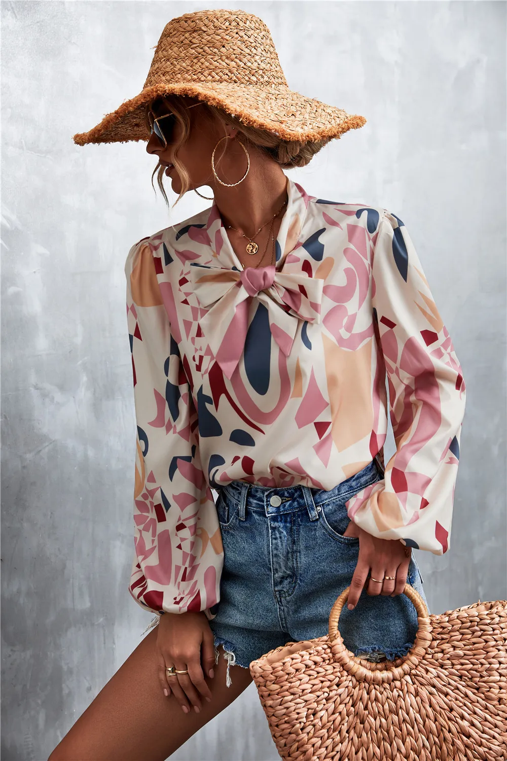 Printed Tie Neck Puff Sleeve Blouse, image 5
