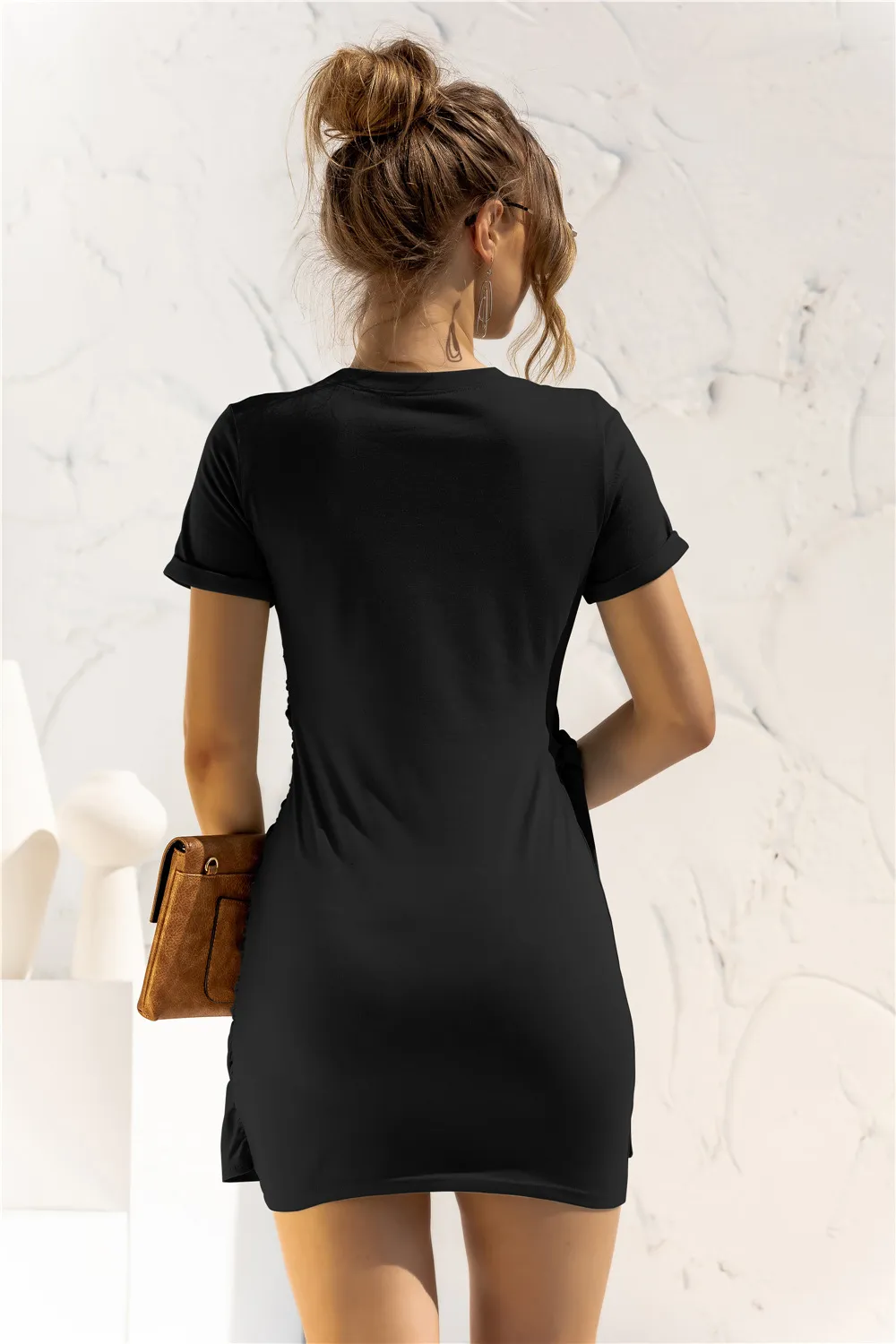 Round Neck Cuffed Sleeve Side Tie Dress, image 3