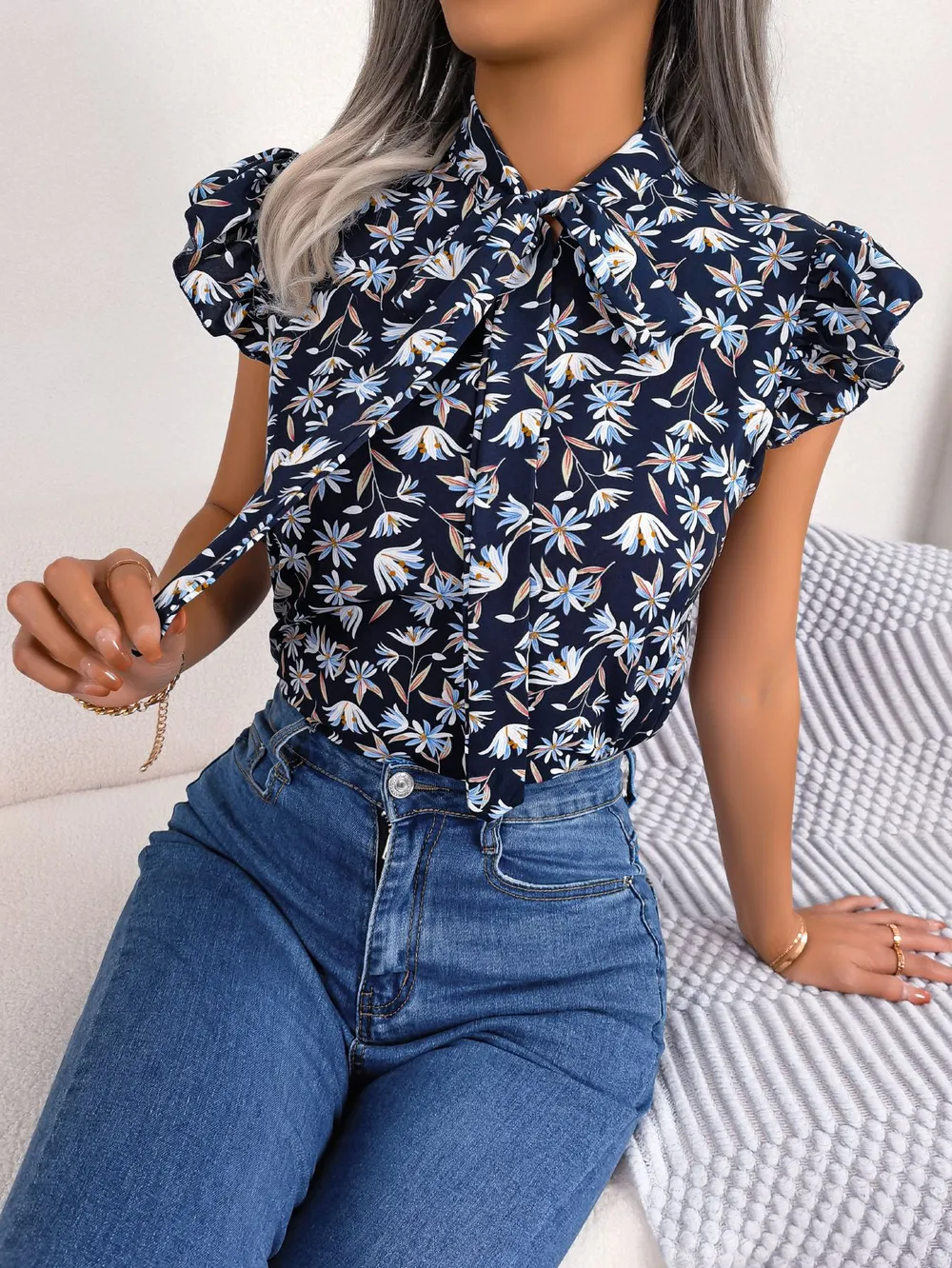Floral Tie Neck Flutter Sleeve Blouse, image 2