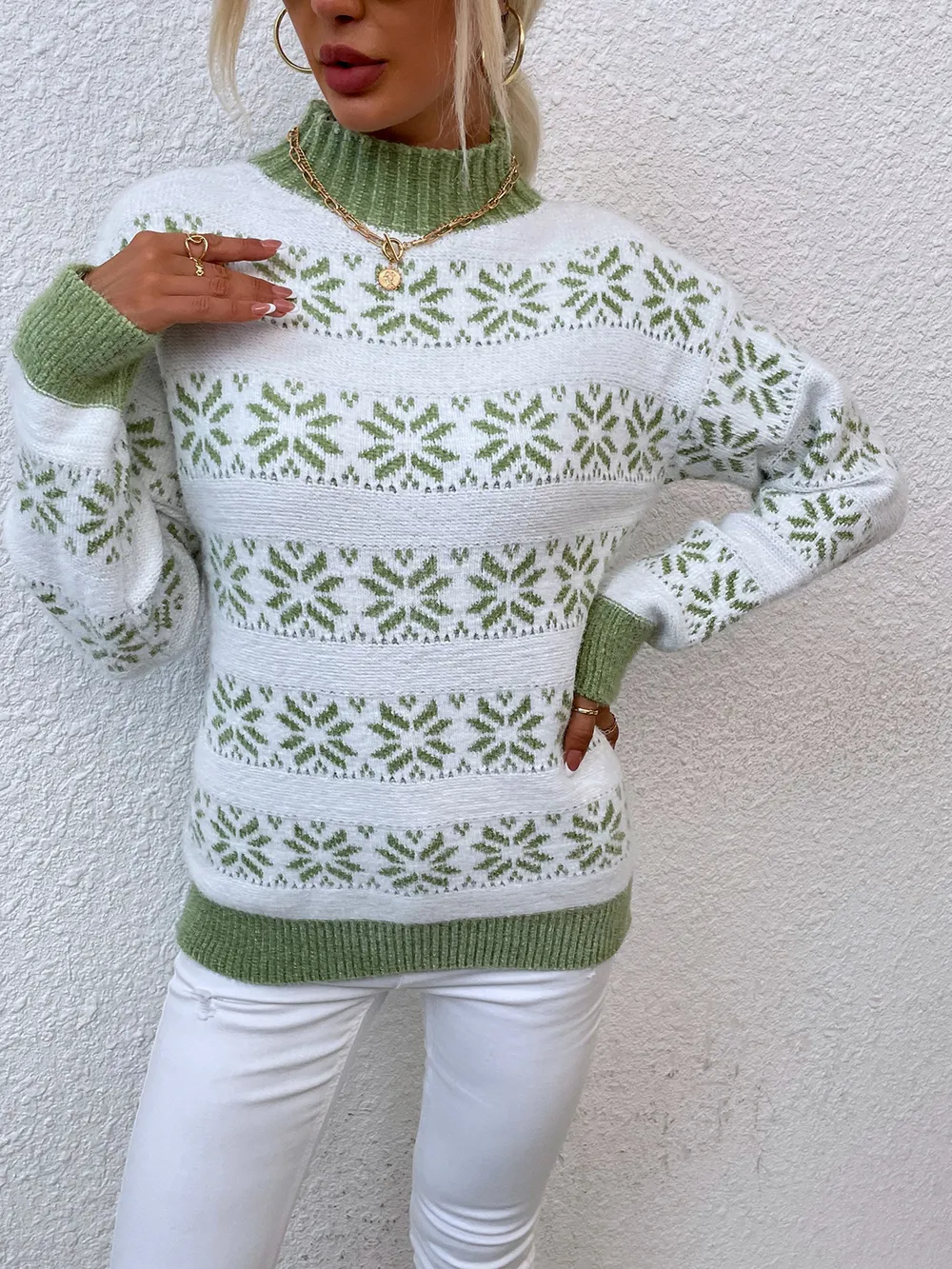 Snowflake Pattern Mock Neck Sweater, image 5